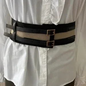 GUCCI CANVAS BLACK & TAN STRIPED BELT WITH TWO BUCKLES AND LEATHER TRIM - ITALY Gucci Canvas Belt Double Buckle Unisex, Green/Red Stripes | eBay main image 4